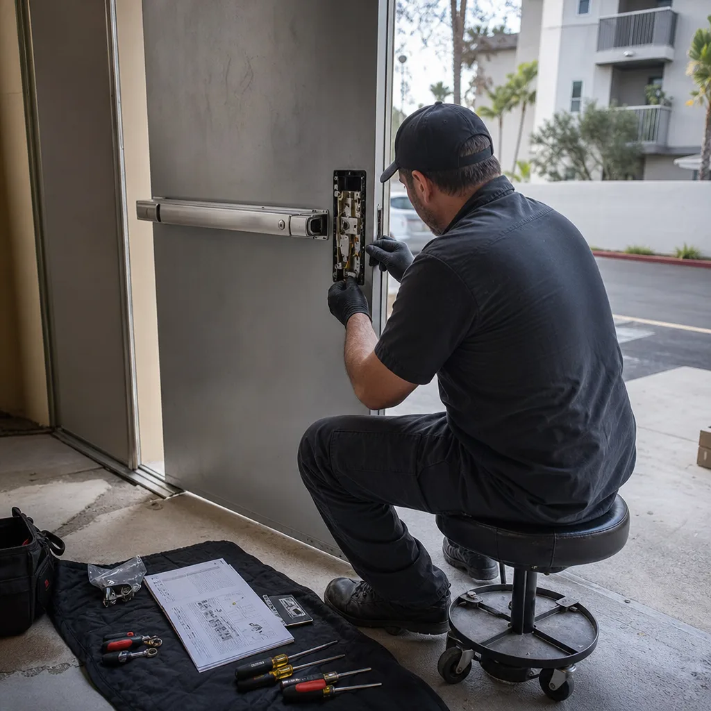 Professional commercial locksmith installing a panic exit device on a metal door
