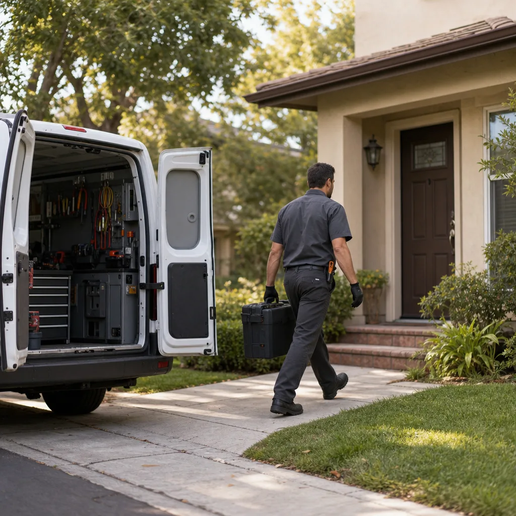 Professional locksmith carrying tool case toward a house for door repair