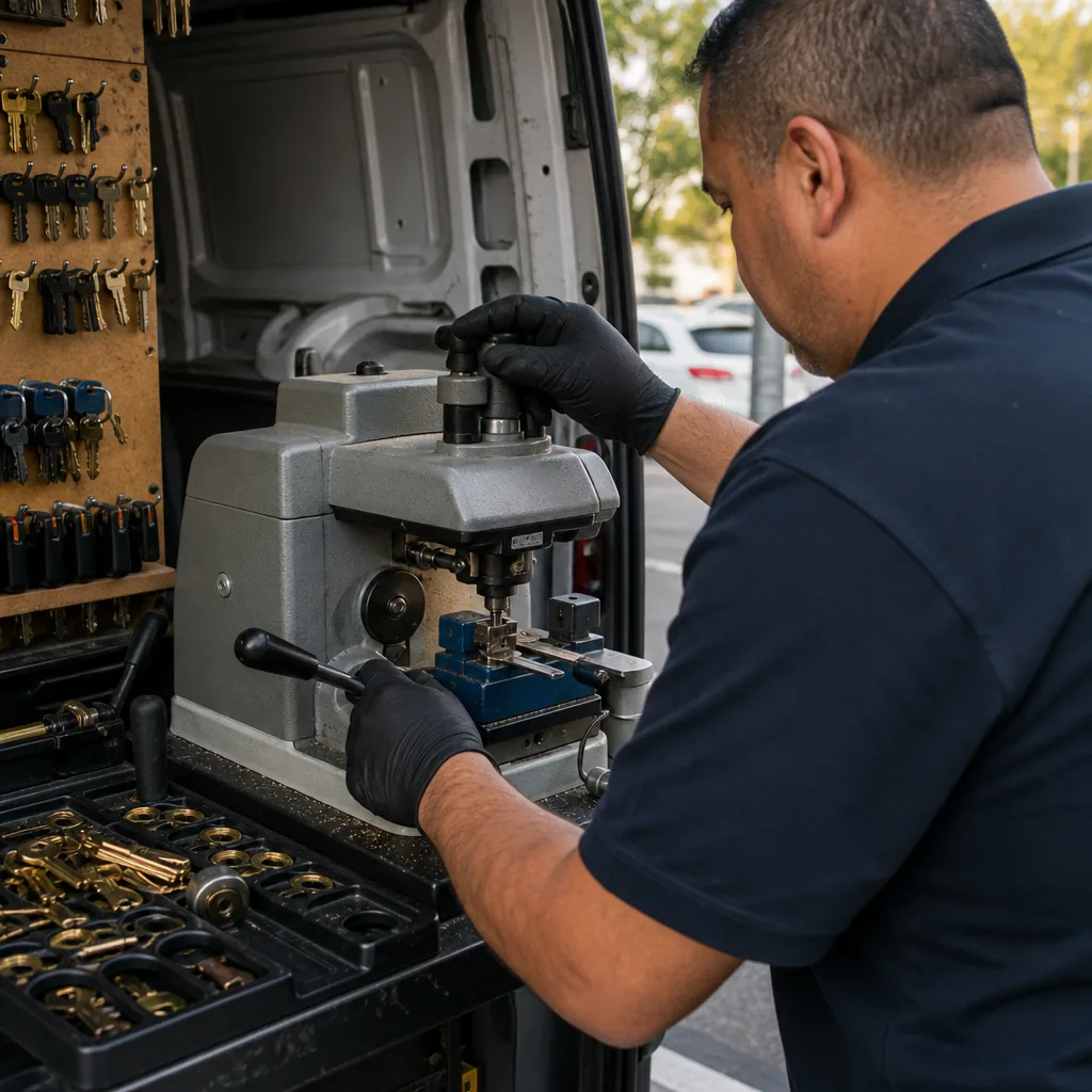 Professional locksmith operating a key cutting machine in a mobile van